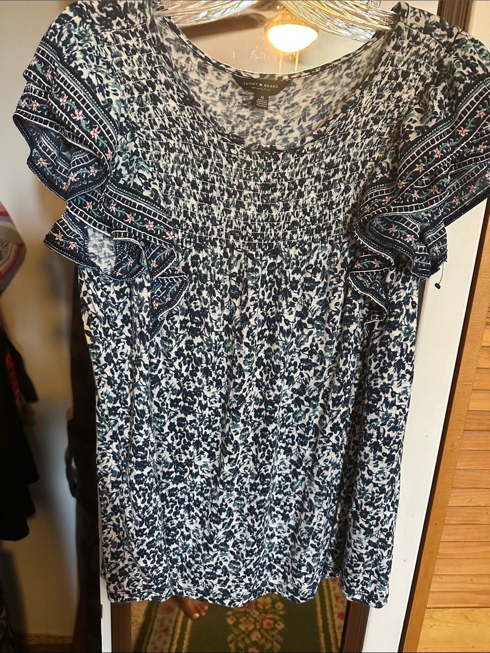 Lucky Brand Navy and Cream Floral Smocked Ruffle Top